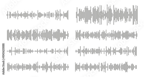 Equalizer symbols model. Voice message templates. Audio chat speech sound wave icon. Minimalist elements for mobile messenger, podcast online radio interface, music player, app. Waveform patterns set.