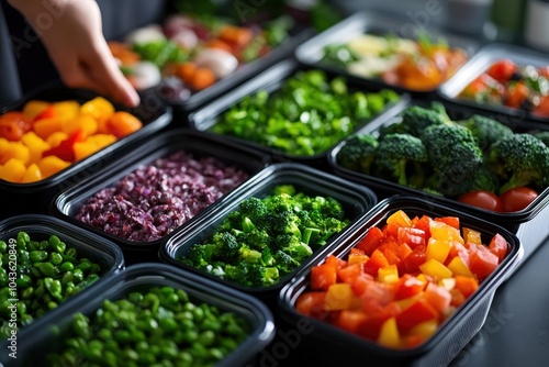 Colorful assortment of fresh vegetables in containers, prepared for healthy meal prep, enhancing nutrition and convenience.