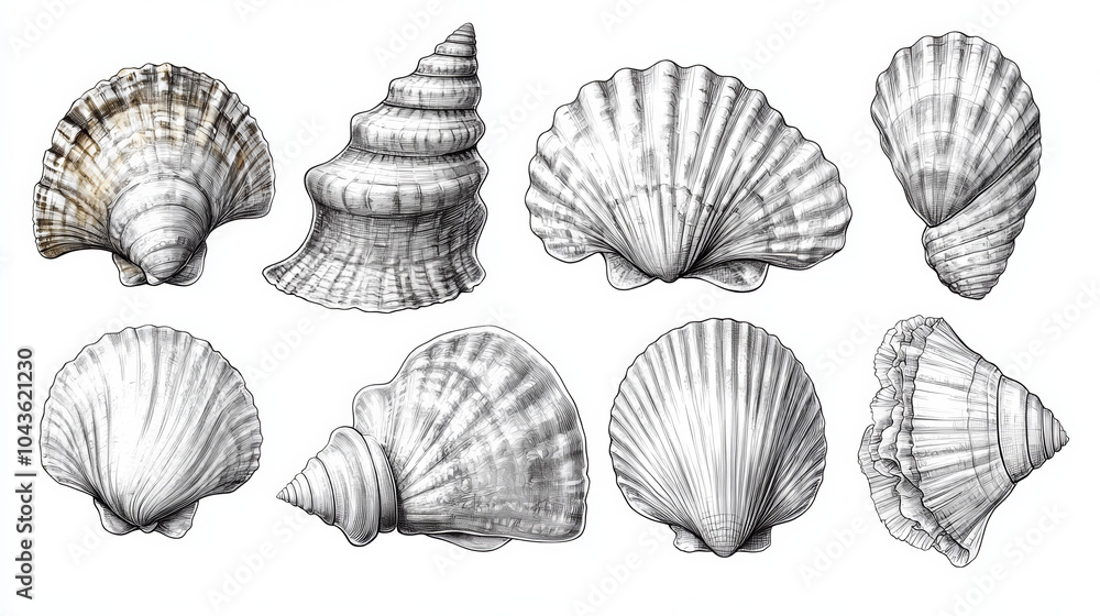 Detailed Sea Shell Set Sketch Engraving Illustration on Transparent Background Detailed Sea Shell Set Sketch Engraving Illustration on Transparent Background