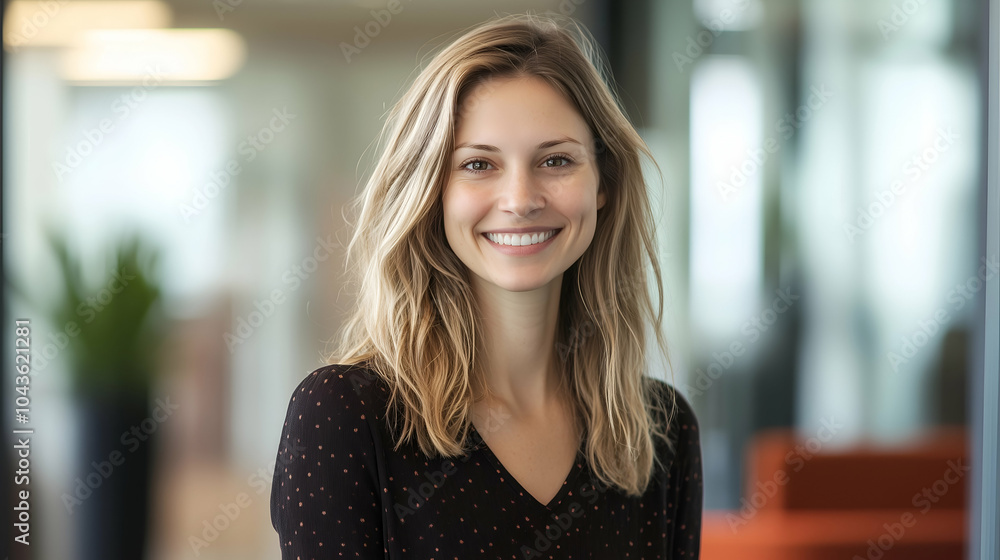 Happy businesswoman in casual office environment, showcasing positive workplace culture and teamwork. Happy businesswoman in casual office environment, showcasing positive workplace culture and teamwork.