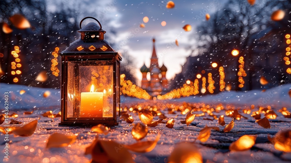 Lantern and candle surrounded by petals on a snow-covered street at twilight. Lantern and candle surrounded by petals on a snow-covered street at twilight.