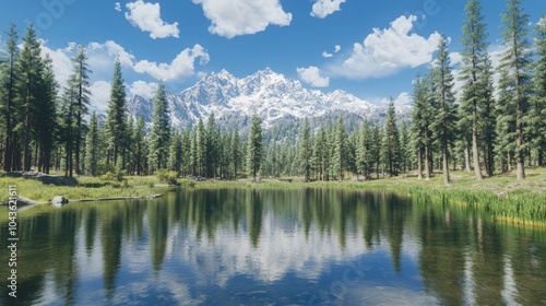 A serene landscape featuring mountains, a lake, and lush forests under a blue sky.