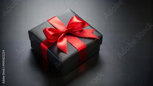 Elegant black gift box with a red ribbon and bow on a dark background