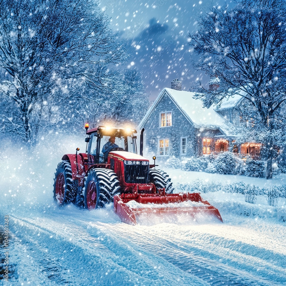 Red tractor removing snow at night in the countryside Red tractor removing snow at night in the countryside