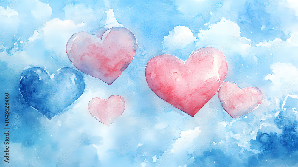 Watercolor Hearts Blending into Soft Clouds on a Pale Blue Background Watercolor Hearts Blending into Soft Clouds on a Pale Blue Background