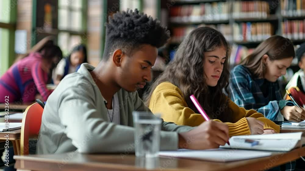 A group of focused students engages in their studies within a bustling library. Each individual is dedicated to their work, surrounded by shelves of books. A group of focused students engages in their studies within a bustling library. Each individual is dedicated to their work, surrounded by shelves of books.