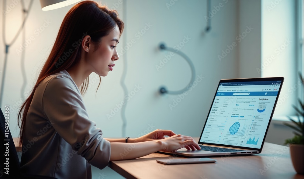Woman analyzing data on a laptop in modern office setting. Woman analyzing data on a laptop in modern office setting.