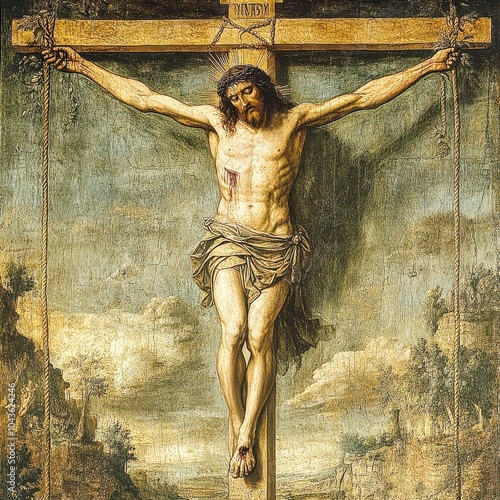 Jesus christ being crucified on wooden cross painting