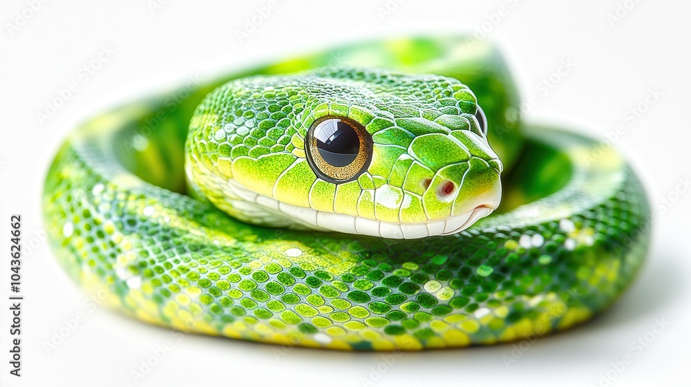 Fototapeta premium Green tree python snake staring with big eyes and scaly skin
