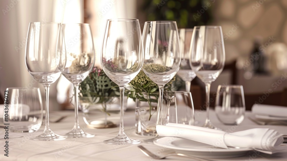 Elegant dining table setting with wine glasses and tableware in a restaurant.