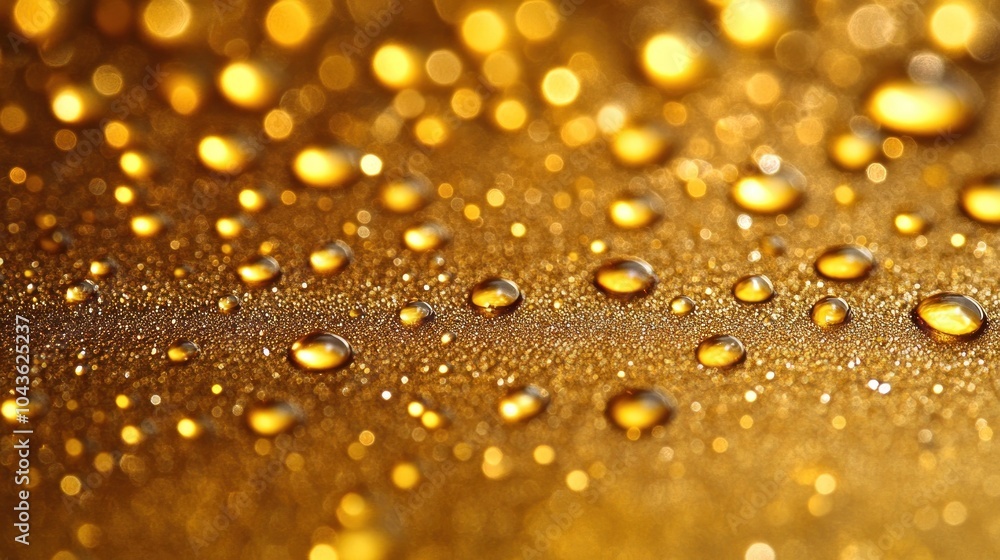 Close-up of water droplets on a gold surface with bokeh lights in the background. Close-up of water droplets on a gold surface with bokeh lights in the background.