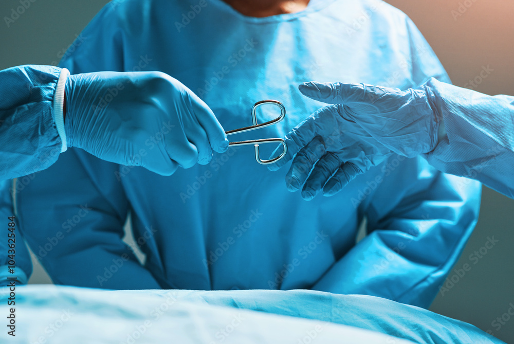 Surgery, teamwork and hands of doctor with scissors for healthcare, assistance and focus on professional medicine. Medical innovation, tools and surgeon with expert staff in hospital operating room. Surgery, teamwork and hands of doctor with scissors for healthcare, assistance and focus on professional medicine. Medical innovation, tools and surgeon with expert staff in hospital operating room.