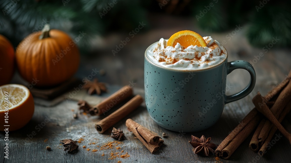 Mug of whipped cream hot drink with orange slice, cinnamon sticks, and pumpkins in a warm festive autumn setting Mug of whipped cream hot drink with orange slice, cinnamon sticks, and pumpkins in a warm festive autumn setting