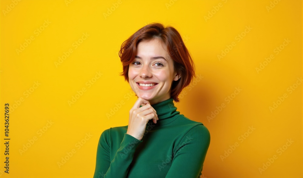 Smiling Redhead Woman in Green Turtleneck Against Yellow Background Smiling Redhead Woman in Green Turtleneck Against Yellow Background