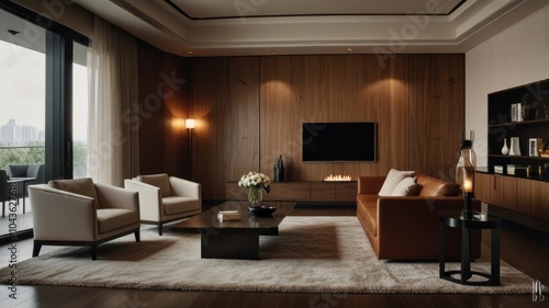 Wallpaper Mural Modern living room with a leather sofa, two armchairs, a coffee table, a flat-screen TV, a fireplace, and a bookshelf. Torontodigital.ca