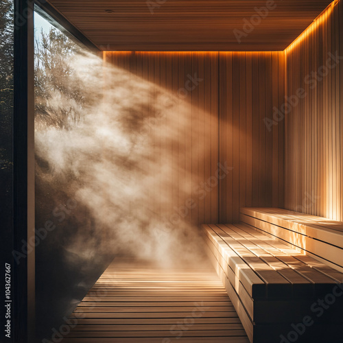 Serene Wooden Sauna Interior with Sunlight Streaming Through the Window and Gentle Steam Rising, Perfect for Wellness and Spa Themes photo