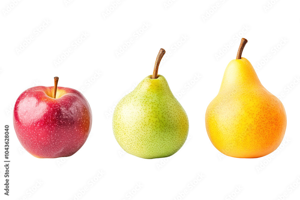 Three fruits are shown an apple, a banana, and a pear . on transparent background. Three fruits are shown an apple, a banana, and a pear . on transparent background.