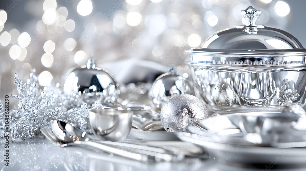 An Artistic Display of Glamorous Silver Arrangements on a Stunning Silver Background An Artistic Display of Glamorous Silver Arrangements on a Stunning Silver Background