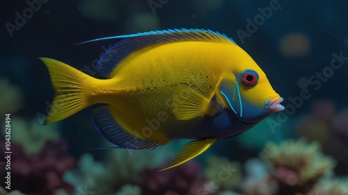 A yellow and blue angelfish with red eyes swims in a coral reef.