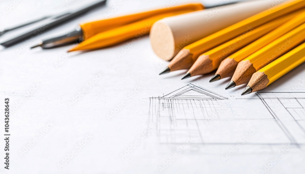 Architectural Logo Design Sketch on Notepad Surrounded by Drafting Tools, Close-up View Architectural Logo Design Sketch on Notepad Surrounded by Drafting Tools, Close-up View