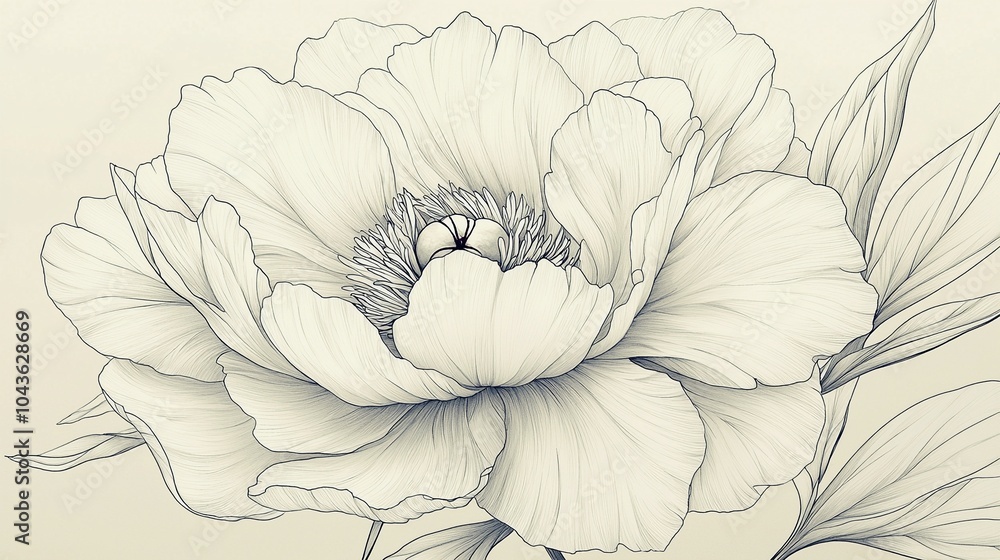 Stunning Close-Up Drawing of a Ruffled Peony Flower with Detailed Center Stunning Close-Up Drawing of a Ruffled Peony Flower with Detailed Center