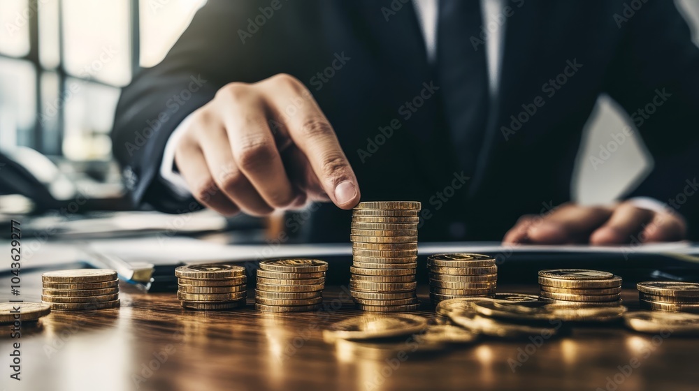 Businessman Hand Pointing at Growing Stack of Gold Coins Financial Success Concept Businessman Hand Pointing at Growing Stack of Gold Coins Financial Success Concept