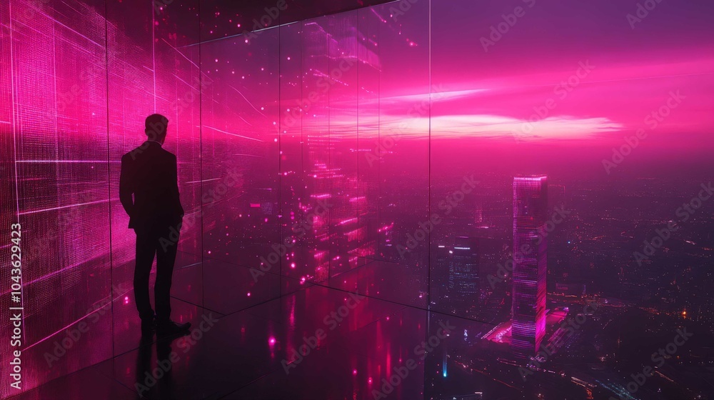Naklejka premium Lone Figure Gazing at Neon Pink Cityscape
