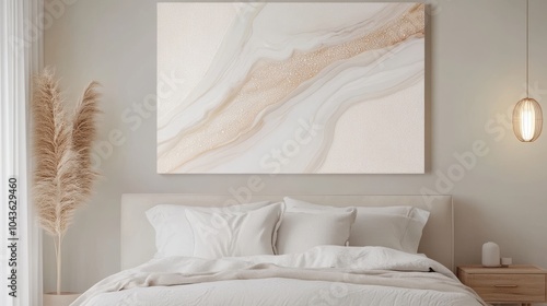 Elegant neutral bedroom with soft beige abstract wall art and cozy decor photo