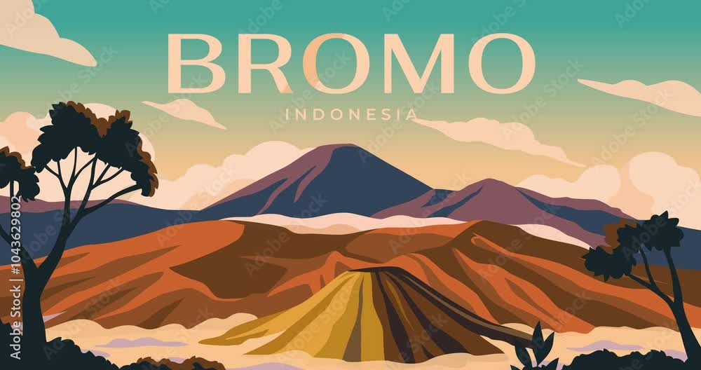 Travel destination. Moving banner with volcanic landscape Bromo in ...