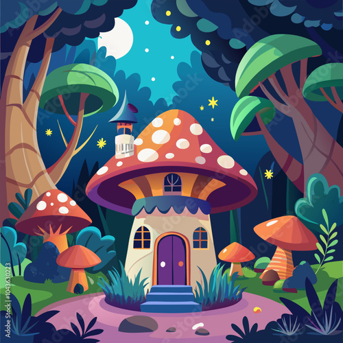 A whimsical illustration of a mushroom house nestled in a forest at night. The house is surrounded by trees, twinkling stars, and a glowing moon, creating a magical and enchanting atmosphere.