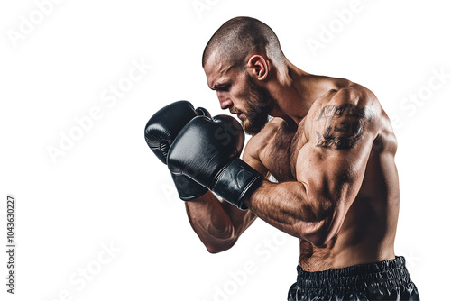A man in a boxing ring with his hands in the air. on transparent background.
