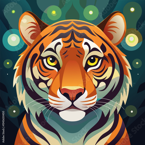 A close-up portrait of a majestic tiger, its fierce gaze piercing through the darkness. The detailed illustration captures the animal's strength and beauty.