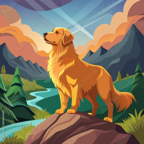 A golden retriever dog standing on a rock, gazing at the mountain range and a river. The sun sets over the beautiful landscape creating a peaceful and majestic scene.
