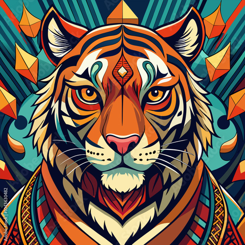 A bold and colorful illustration of a tiger's face, rendered in a vibrant and geometric style. The animal's fierce expression and intricate details make this a striking and captivating image.