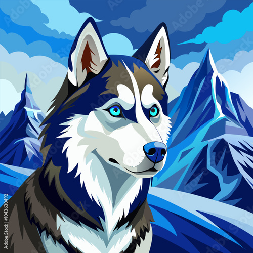 A majestic Siberian Husky stands tall against a backdrop of snow-capped mountains, its piercing blue eyes and proud stance capturing the essence of wilderness and freedom.