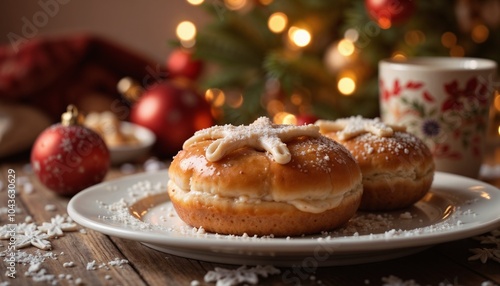 Holiday Cream Donuts with Festive Christmas Decorations and Bokeh Lights
