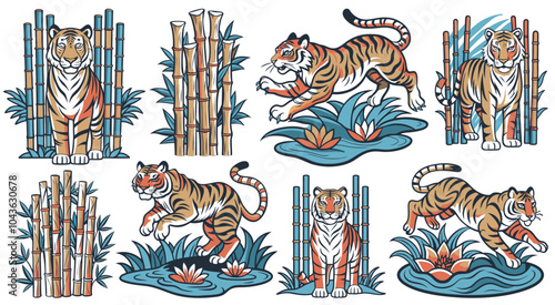 Asian culture set of elements. Collection with traditional symbols of asia. Asian tigers enjoying nature. Walking and relaxing near bamboo and water lilies