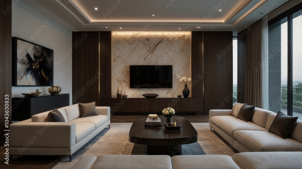 Fototapeta premium Modern living room with two white sofas, a coffee table, a flat screen TV, and a large window with a view of the city.