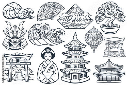 Asian culture set of elements. Collection with traditional symbols of asia. Collection of asian culture symbols representing traditional japanese and chinese heritage