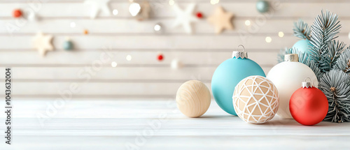 Festive closeup of colorful christmas baubles and traditional dreidels displayed on a stylish table with holiday decor photo