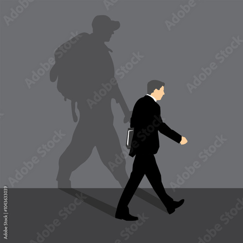 businessman walking with the shadow of a soldier. trust yourself, self confident concept.