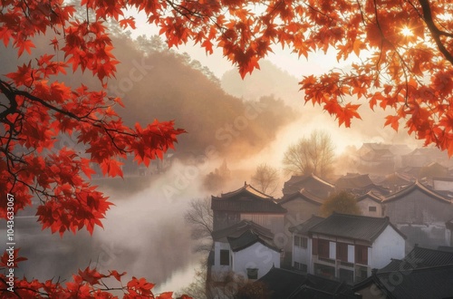 Chinese style autumn scene with red maple leaves and white house photo