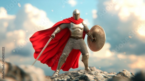 A knight in shining armor stands on a rocky outcrop, holding a sword and shield, with a red cape flowing behind him against a dramatic sky. photo