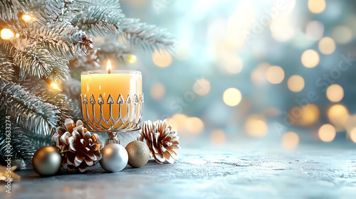 A festive scene the warm glow of a menorah against a backdrop of christmas cheer and sparkling lights photo