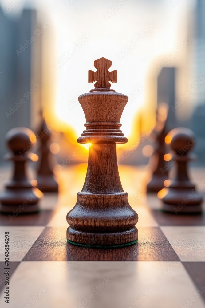 Golden hour chess match with a king piece standing tall among pawns in a vibrant cityscape Golden hour chess match with a king piece standing tall among pawns in a vibrant cityscape