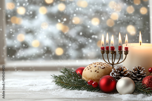 A festive menorah illuminates a snowy window surrounded by christmas decor and warm holiday cheer photo