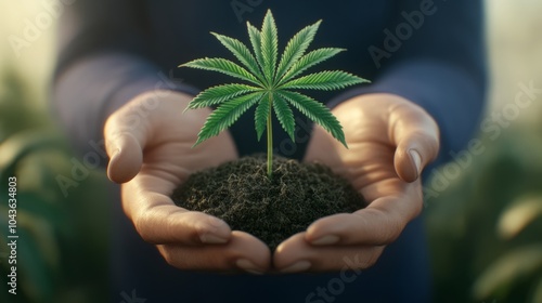 A person's hands holding a small cannabis plant with soil in a field. photo