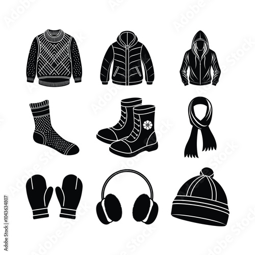 Set of winter warm dress silhouette vector icon illustration on white background.