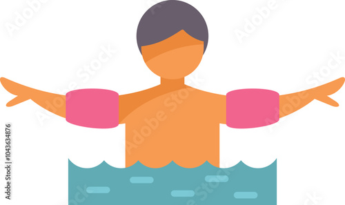 Illustration of a boy learning to swim with inflatable armbands, having fun and enjoying summer holidays