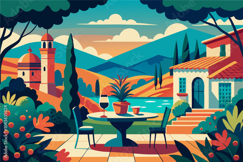 A stylized, colorful illustration of a scenic outdoor cafe or terrace overlooking a picturesque landscape with rolling hills, a body of water, a church, and a setting sun